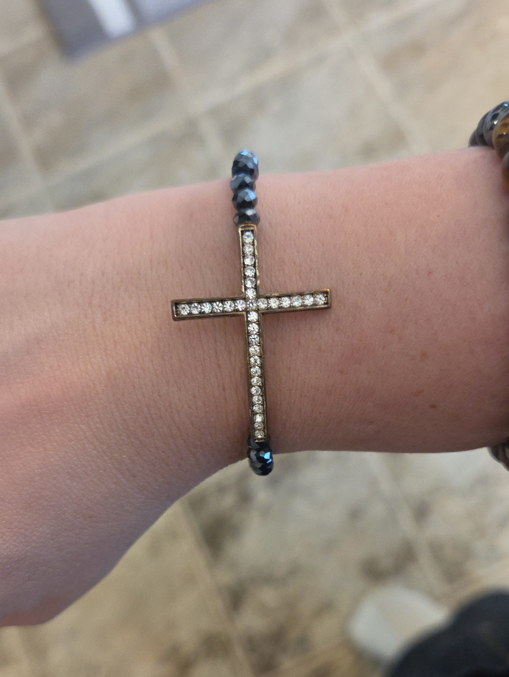 Crystal Cross Stretch Bracelet - Black Beads